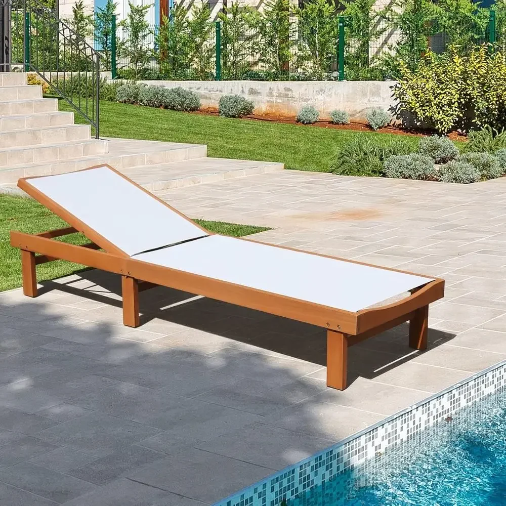5-Position Outdoor Wooden Recliner Lounge Chair for Patio, Poolside, and Tanning