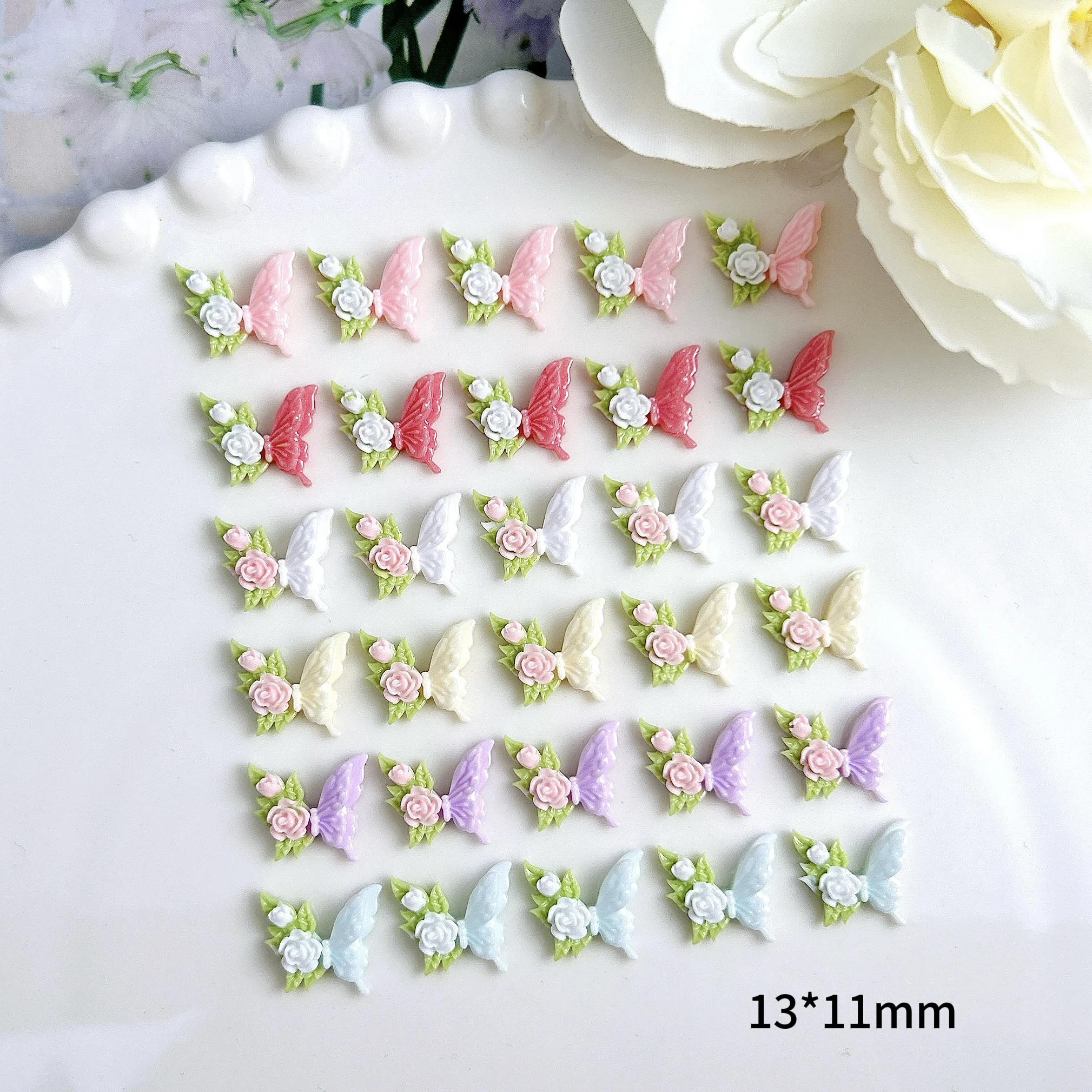 20PCS Sweet Luminous Flower Butterfly Resin Nail Charms 3D Colorful Leaf Butterfly Splicing Nail Art Decorations for DIY Nails