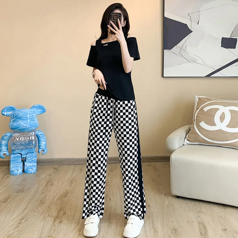 

Summer Plus Size Two Piece Set For Women Line Collar Short Sleeve Tops And Plaid Wide Leg Pants Black Green Casual Suits Clothes