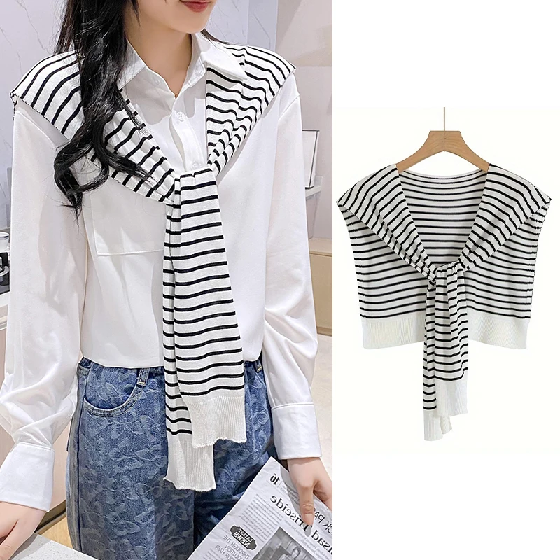 

Fashion Knitted Shoulder-Length Thin Small Shawl Striped Scarf For Women