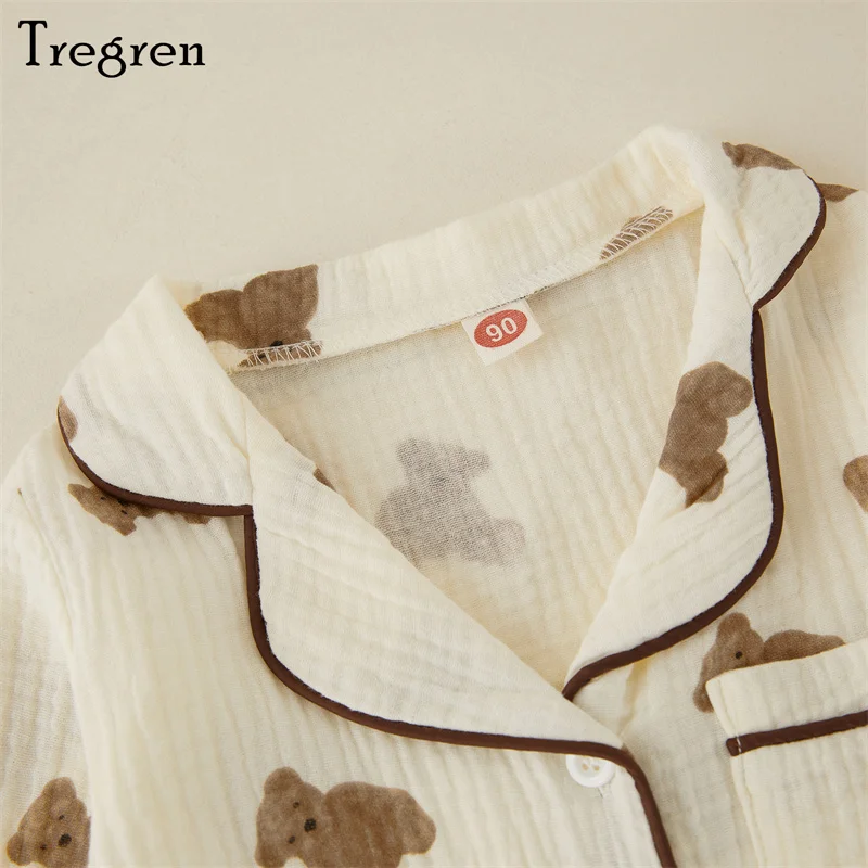 Tregren Kids Girls Casual Pajama Sets Cartoon Bear Printed Long Sleeve Front Pocket Lapel Tops+Printed Long Pants Homewear 1-6Y