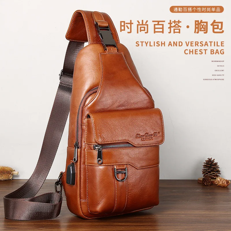 

Новая мужская кожаная нагрудная сумка первого слоя из воловьей кожи, большая вместительная сумка через плечо, повседневная модная сумка в стиле ретро, простой универсальный автобус