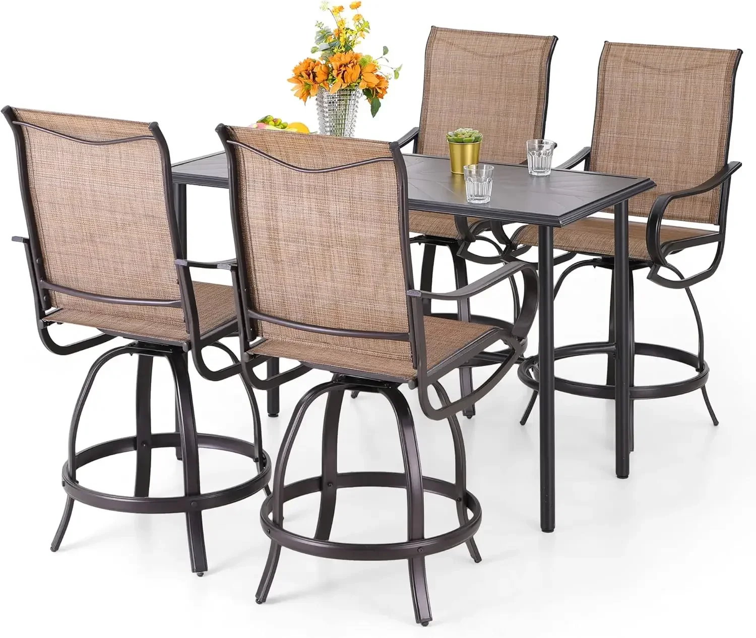 Patio Swivel Bar Set,Large Metal Table and Bar Chairs w/ Breathable Fabric,Black Thickened Frame &360 Degree Swivel Chairs