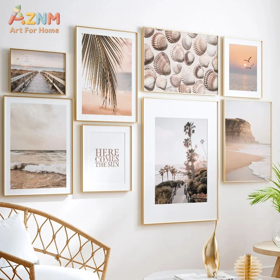 AZNM Warm Sunset Beach Palm Seashell Text Canvas Poster, Frameless Neutral Coastal Wall Art For Bedroom Sofa Area Household Wall