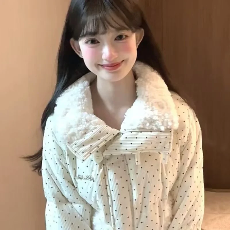 Korean Sweet Dot Pattern down Collar Cotton Jaet Women's Loose Thi Warm ort Bread Sle Autumn Winter Outerwear