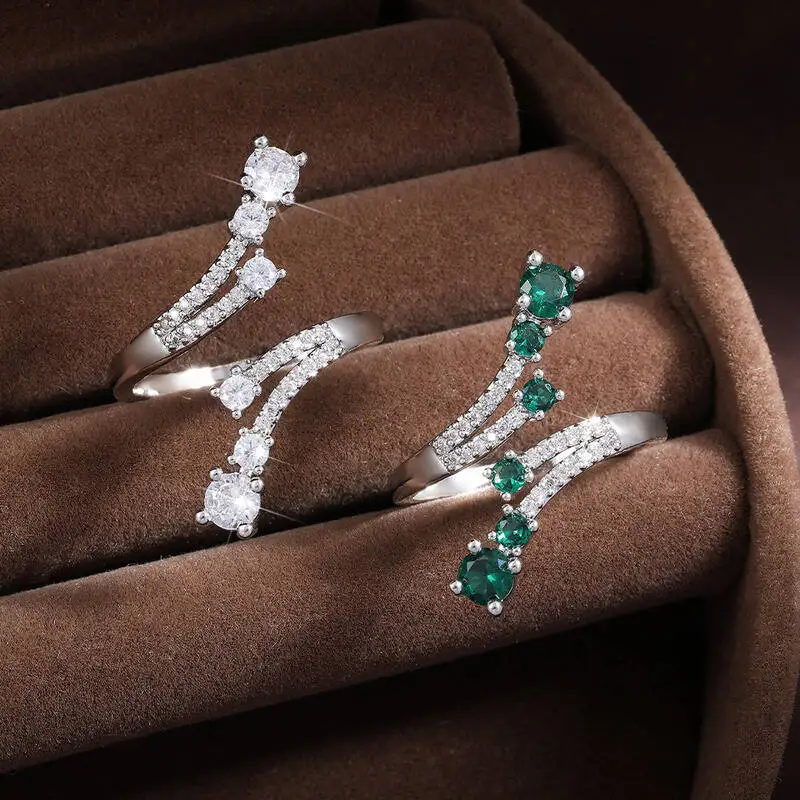 مجموعة خواتم نسائية أنيقة من الزركون مرصعة بالكريستال خواتم هندسية مفتوحة بيضاء وأخضر وأحجار كريمة لحفلات الزفاف هدية مجوهرات
