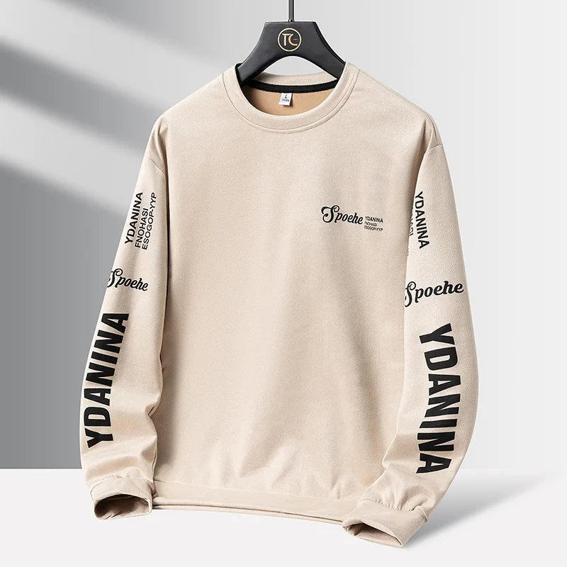 Autumn Suede Sweatshirt Men's Trendy Streetwear Crewneck Long-sleeved Letter Print Warm Pullover Tops Casual Loose Hoodies men