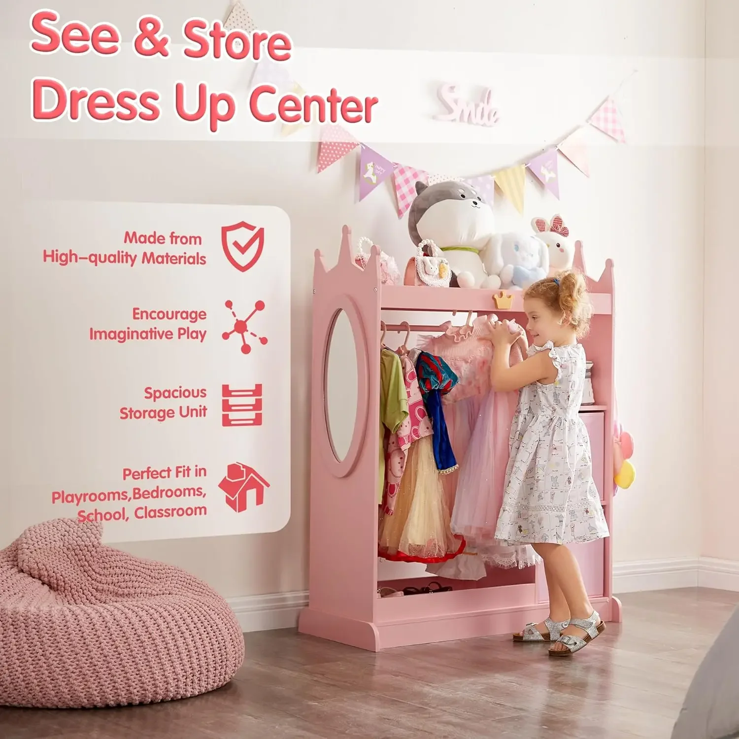 Kids Dress up Storage with Mirror, 2 Storage Bins & Cloth Hanger, Kids Play Armoire Dresser Pretend Storage Closet for Bedroom,