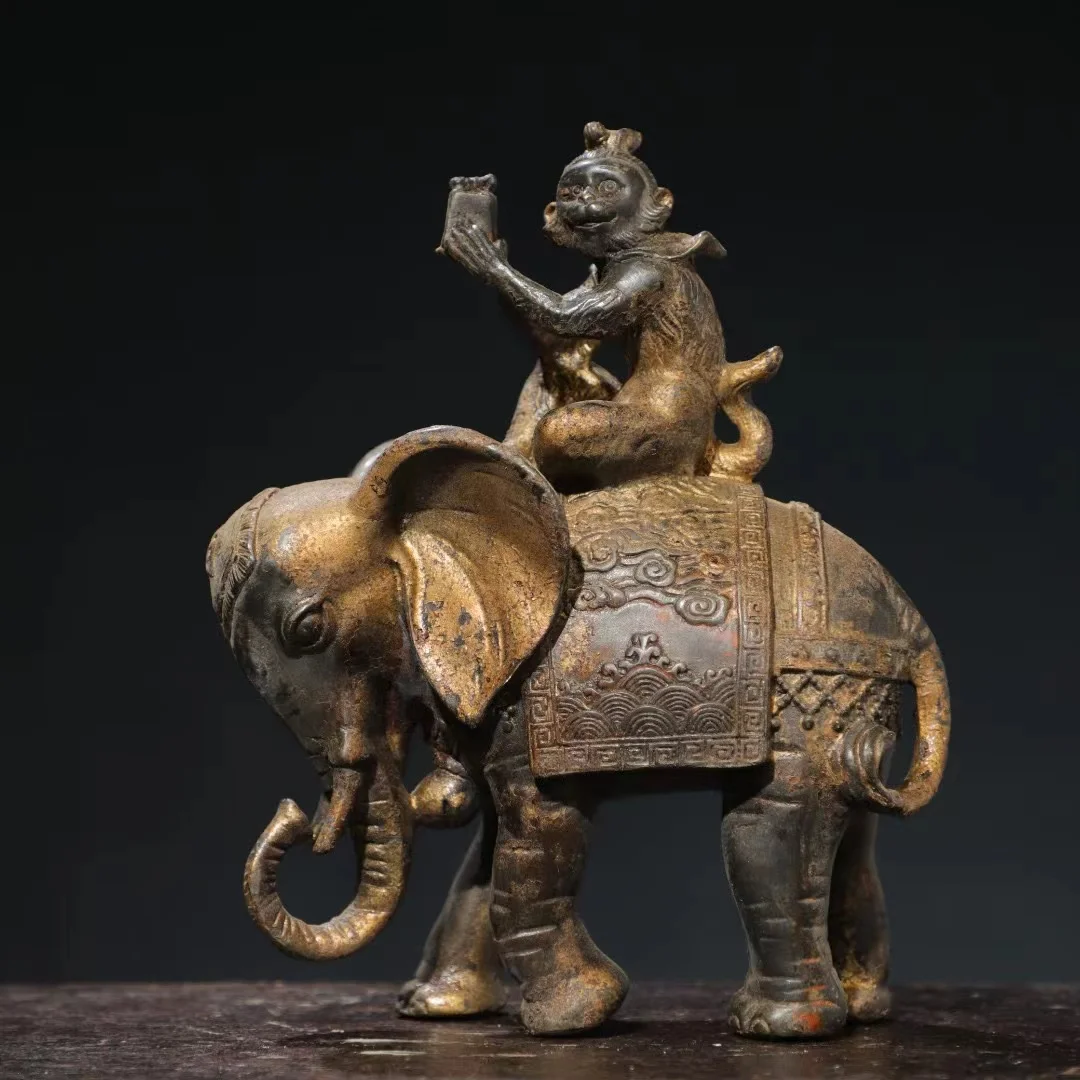 Rare  old copper monkey rides an elephant statue,Free shipping