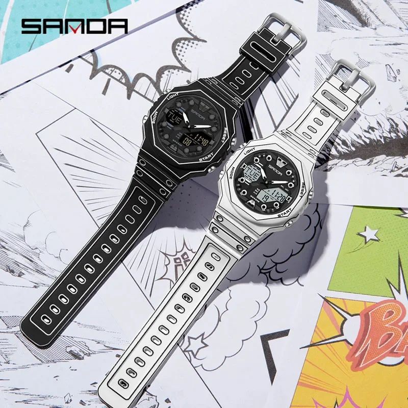 SANDA New Outdoor Sport Electronic Watch Dual Display LED Luminous 5Bar Waterproof Stopwatch Countdown Multifunction Men Watch