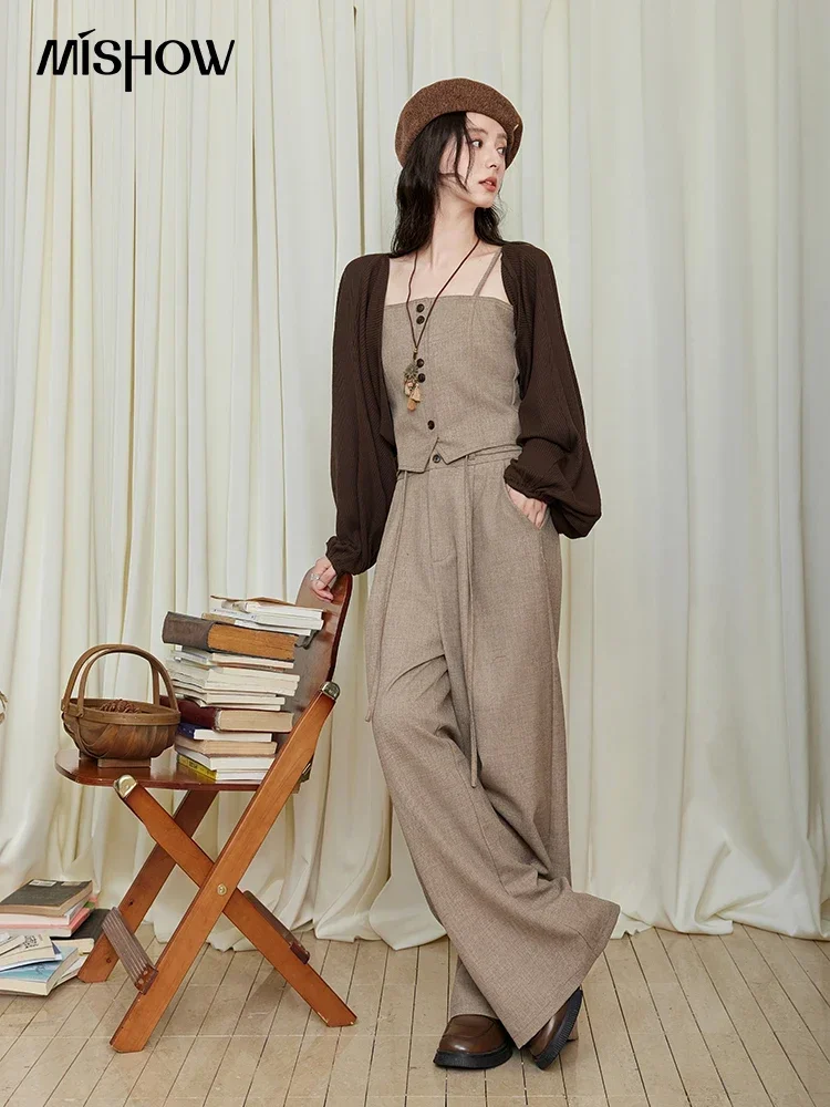 MISHOW Vintage Pant Sets Women 2024 Fall Camisole Vest Long Sleeve Cardigan High Waist Straight Leg Pants Tripartite MXD44T0399