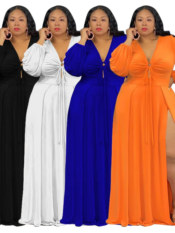 

Sexy Hollow out Slit Women's Autumn Clothes Large Size Dress Gentle Style A-Line PVC Fabric Long Sleeve V-Neck City Walk Dress