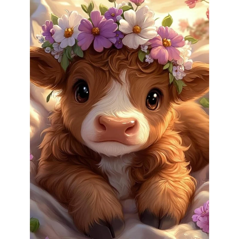 5D DIY Sweet Cow Diamond Painting, Gentle Highland Calf Wearing Spring Floral Wreath Animal Lover Gift