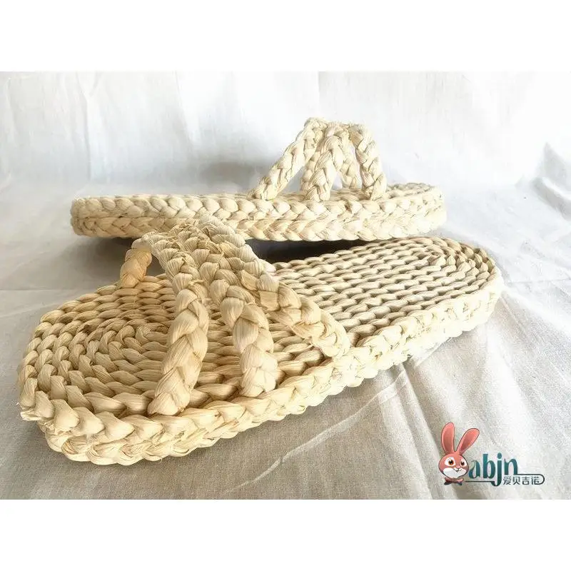 

Handwoven Corn Husk Slippers 2024 New Double Layer Bot Flat Sandals Breathable Absorbent Cotton Rope Knot Teenager Size