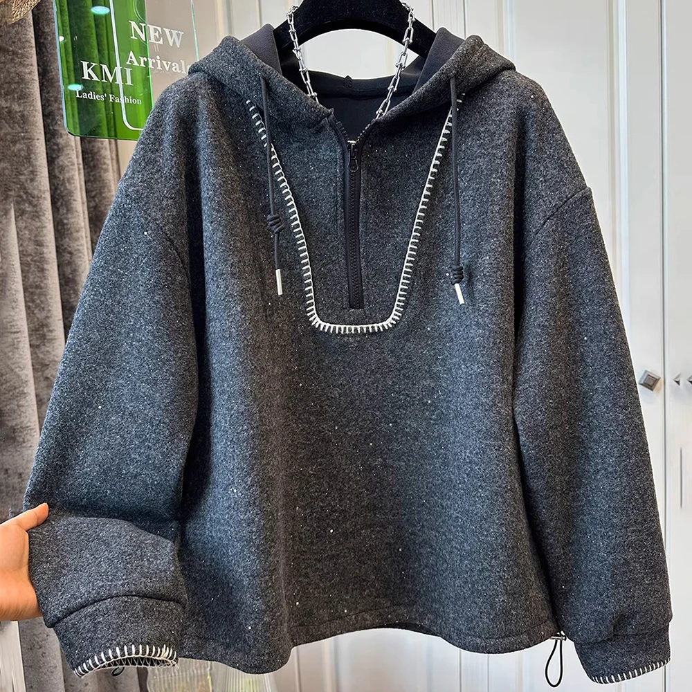 Trendy Sparkle Sequin Hoodies for Women Spring Casual Long Sleeve Velvet Hooded Sweatshirt Oversized Half Zip Pullover Tops