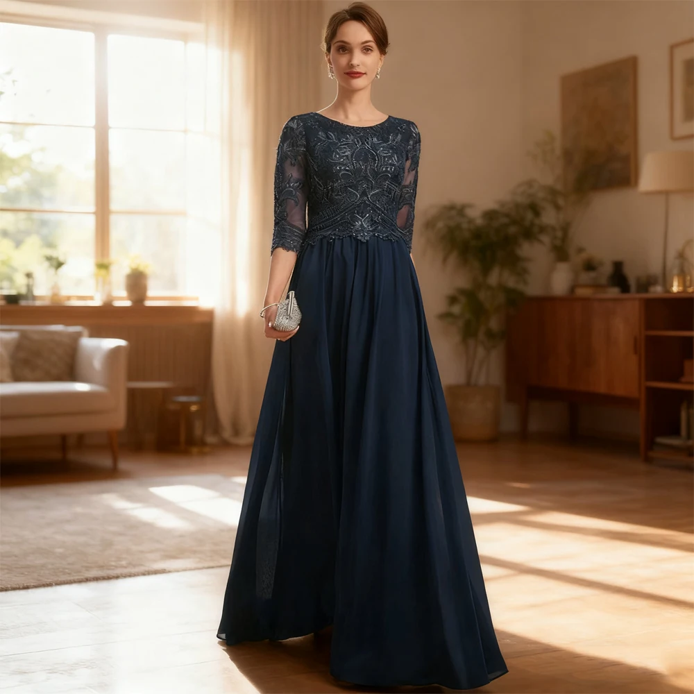 

Customized Scoop Navy Blue Mother of Bride Dresses for Women Summer New Chiffon Wedding Party Dresses Half Sleeve Robe De Soirée