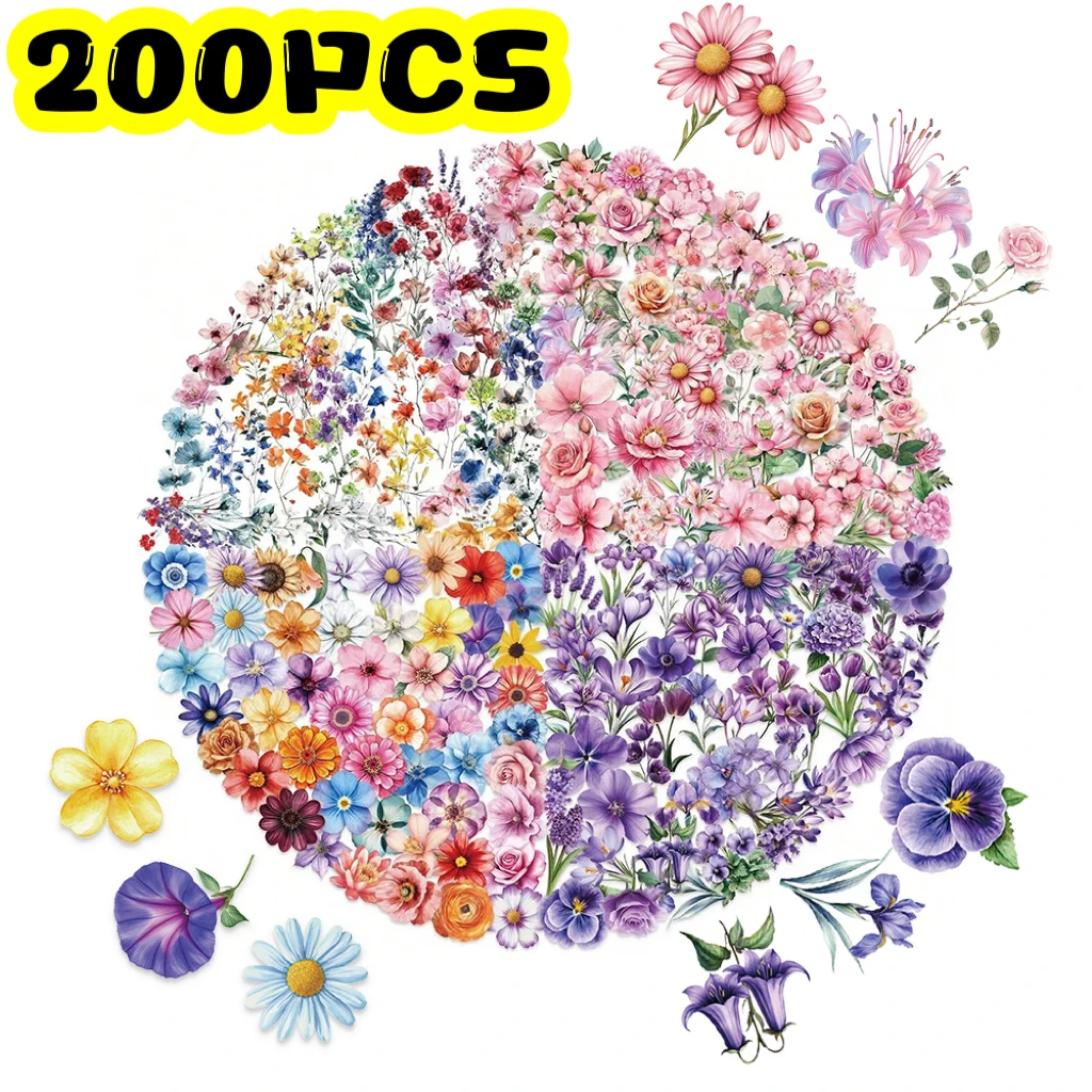 Lot de 50/200 autocollants transparents fleurs colorées, imperméables, pour décoration DIY de tasses, coques de téléphone, guitares, scrapbooking
