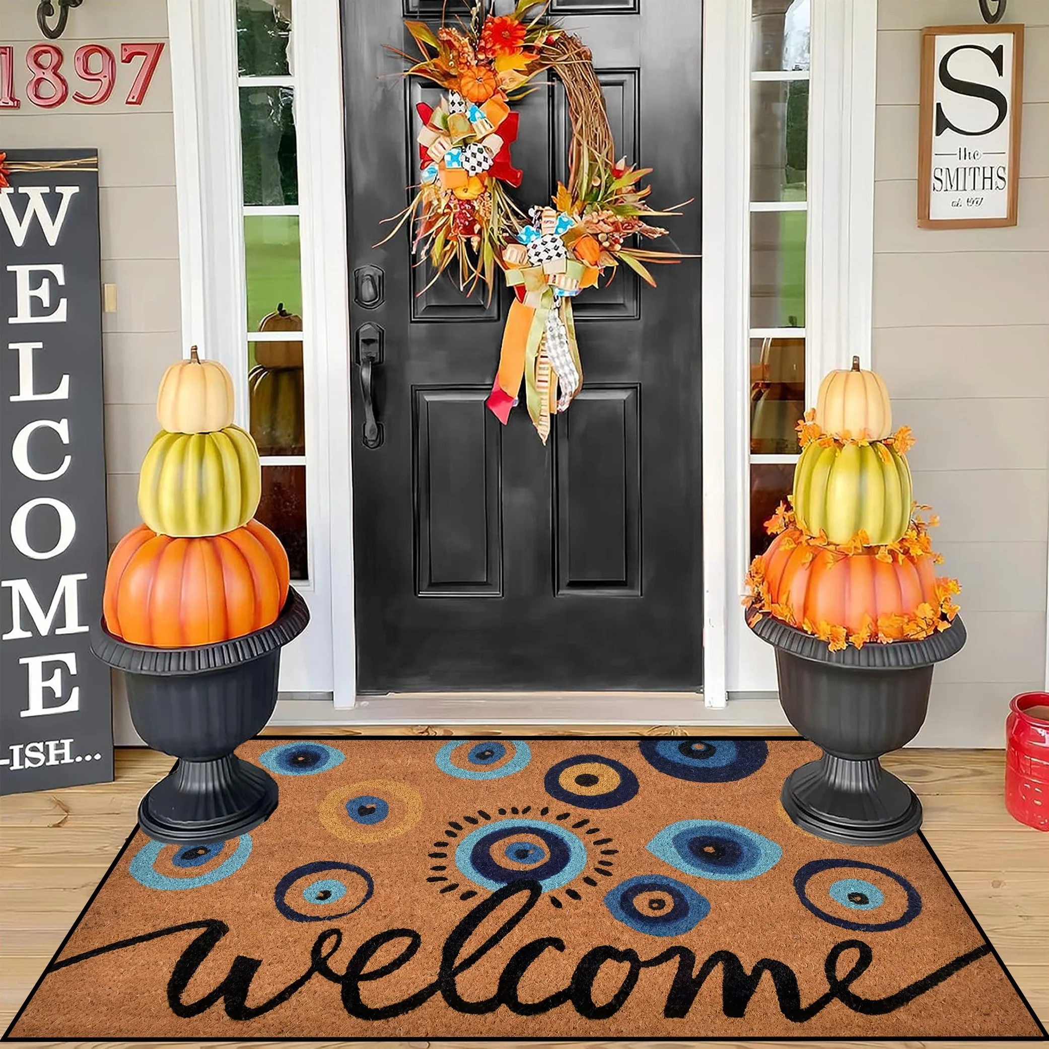 1 Piece of Welcome Doormat with Retro Evil Eye Design Felt Carpet Anti Slip Polyester Door Rug for Indoor and Outdoor Entrances