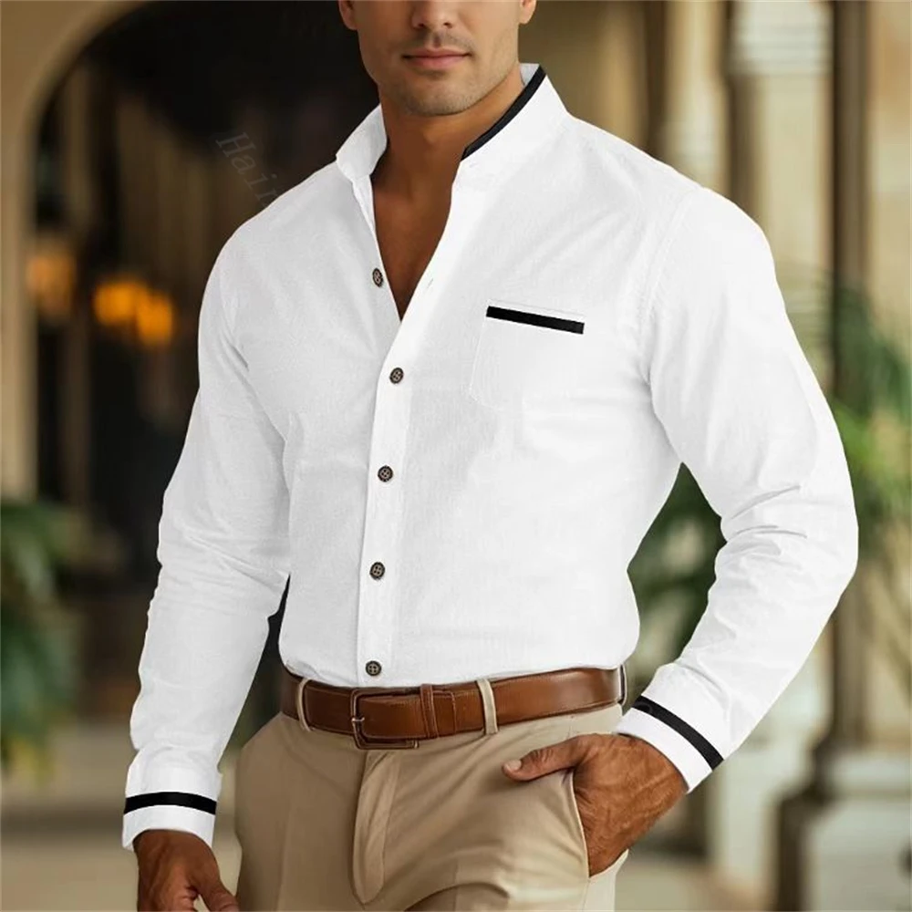 Men's Shirts Stand Collar Button Shirt Wedding Everyday Casual Office Long sleeve shirt front pocket plus size