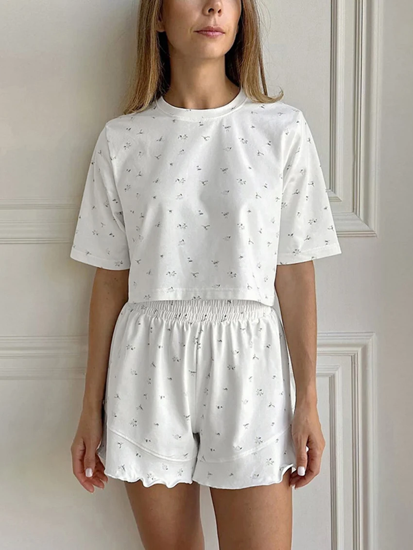 

Marthaqiqi Printing Women'S Nightwear Suit O-Neck Pajamas Short Sleeve Sleepwear Crop Top Nightgowns Shorts Casual Home Clothes