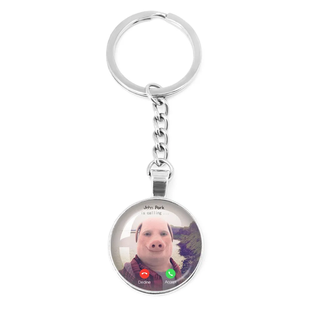 John Pork Is Calling Answer Call Phone Humor Funny Pig Lover Graphic  Meme Glass Dome Pendant Cabochon Keychain Jewelry Gifts