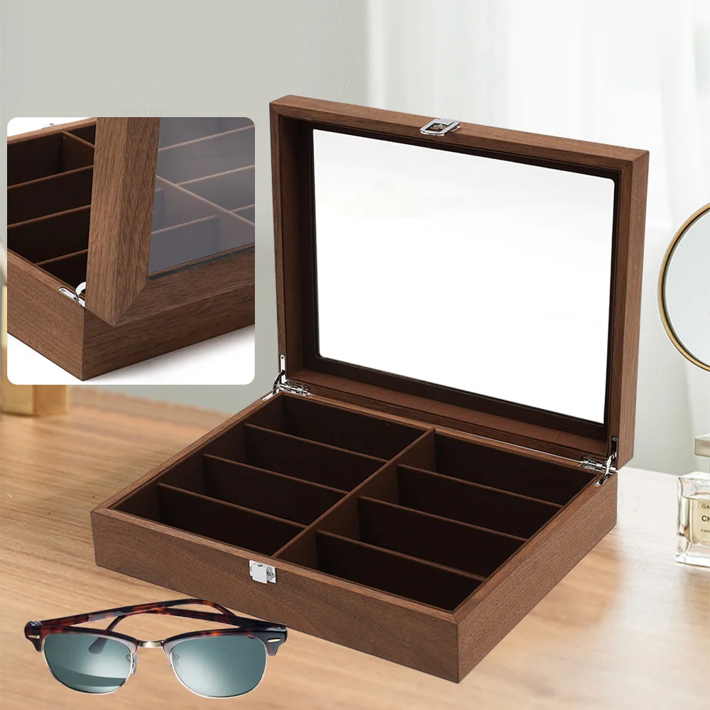 

8 Compartment Walnut Wood Eyeglass Case Holder, Organizer Display Box , Multi-Function Storage, Home Office Desk Organizer