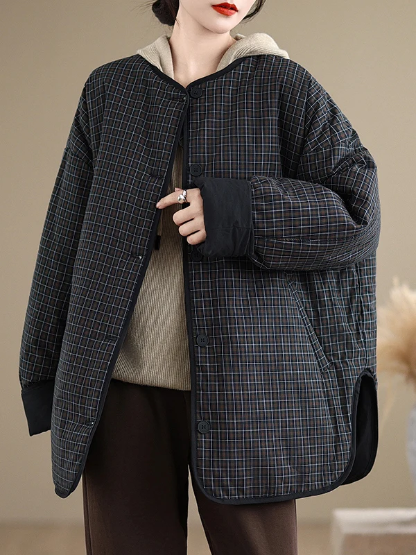 

Double-Sided Wear Plaid Cotton Jaet Loose Fit Medium Length Retro Sle Thiened Cotton Coat for Women Winter Faion