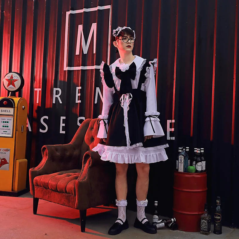 

Black White Lolita Maid Uniform Dress Women's Fairy Tale Style Clothing Anime Cosplay Female Servant Long Dress