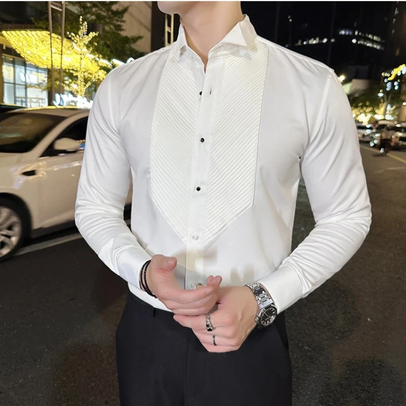 Men Dress Shirt Fashion Long Sleeve Business Social Shirt Male Solid Color Button Down Collar Work White Black Shirt 4XL