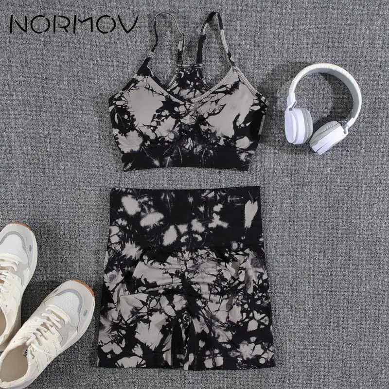 NORMOV 1/2Pcs Yoga Set Tie Dyeing Gym Sets for Women Pleated Tracksuit Woman High Waist Strapless Beauty Back Yoga Wear Push Up