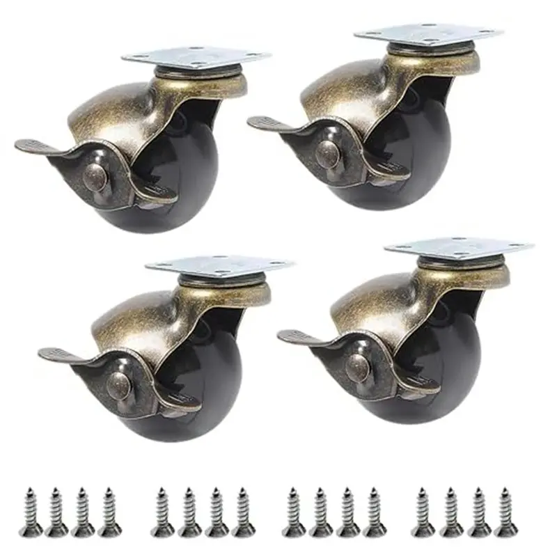 A02F-Brass Ball Casters Heavy Duty Swivel Furniture Wheels With Brake 2 Inch 4 Pack 440 Lbs Non Marking Floor Safe