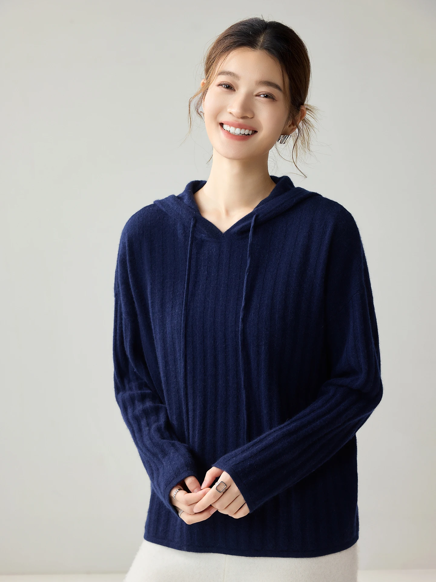 Drawstring Hooded Woman 100% Cashmere Sweater Autumn Winter Mock-Neck Pullover Knitwear Vertical Rib Knit Long Sleeve Clothes