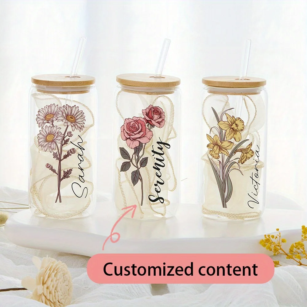 Custom Name Daisy Glass Cup with Bamboo Lid and Straw, Personalized Floral Can Shaped Glass Tumbler, Iced Coffee Water Cup Gift