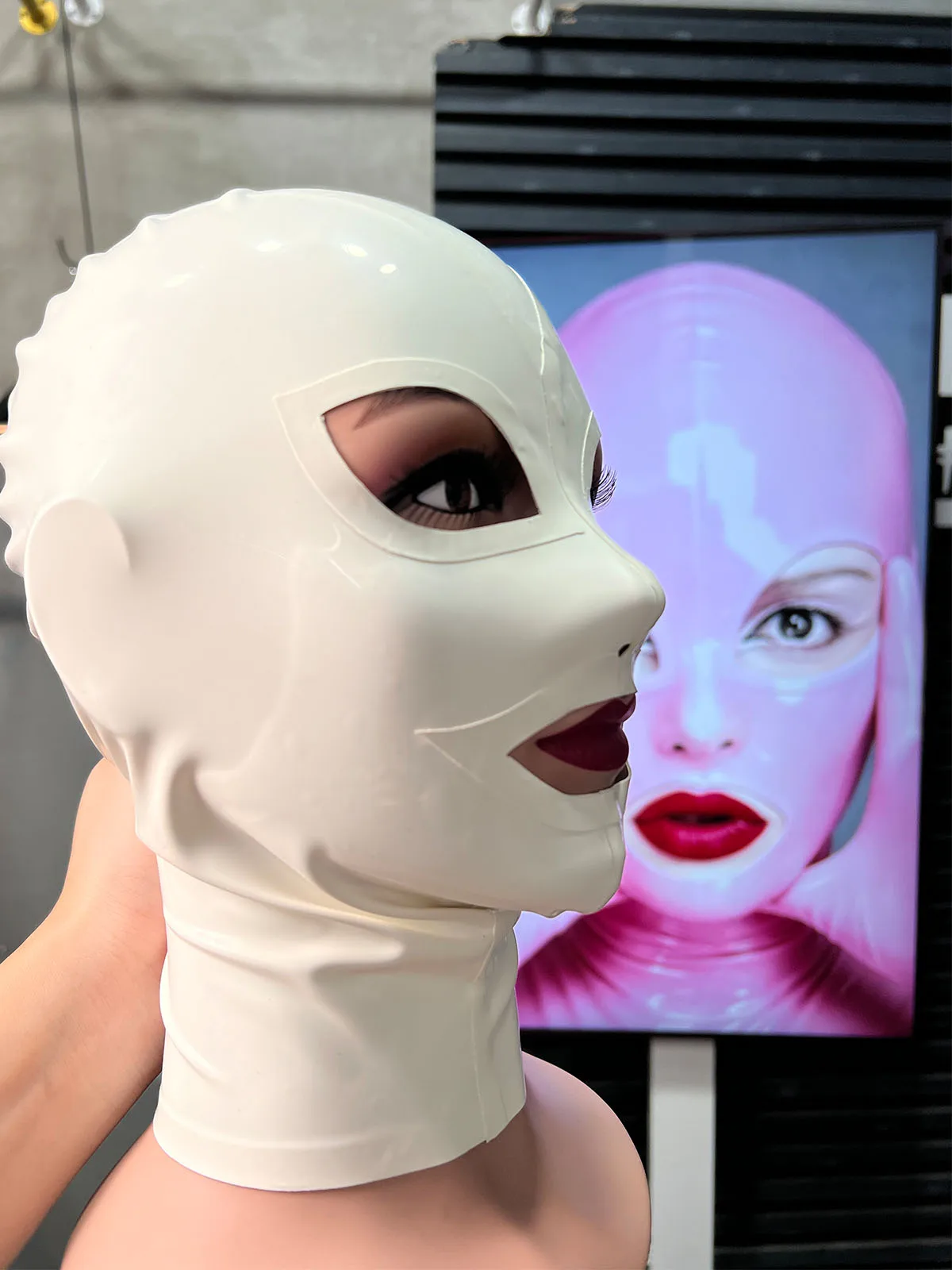 White Wet Look Hood with Open Face Accessory Use