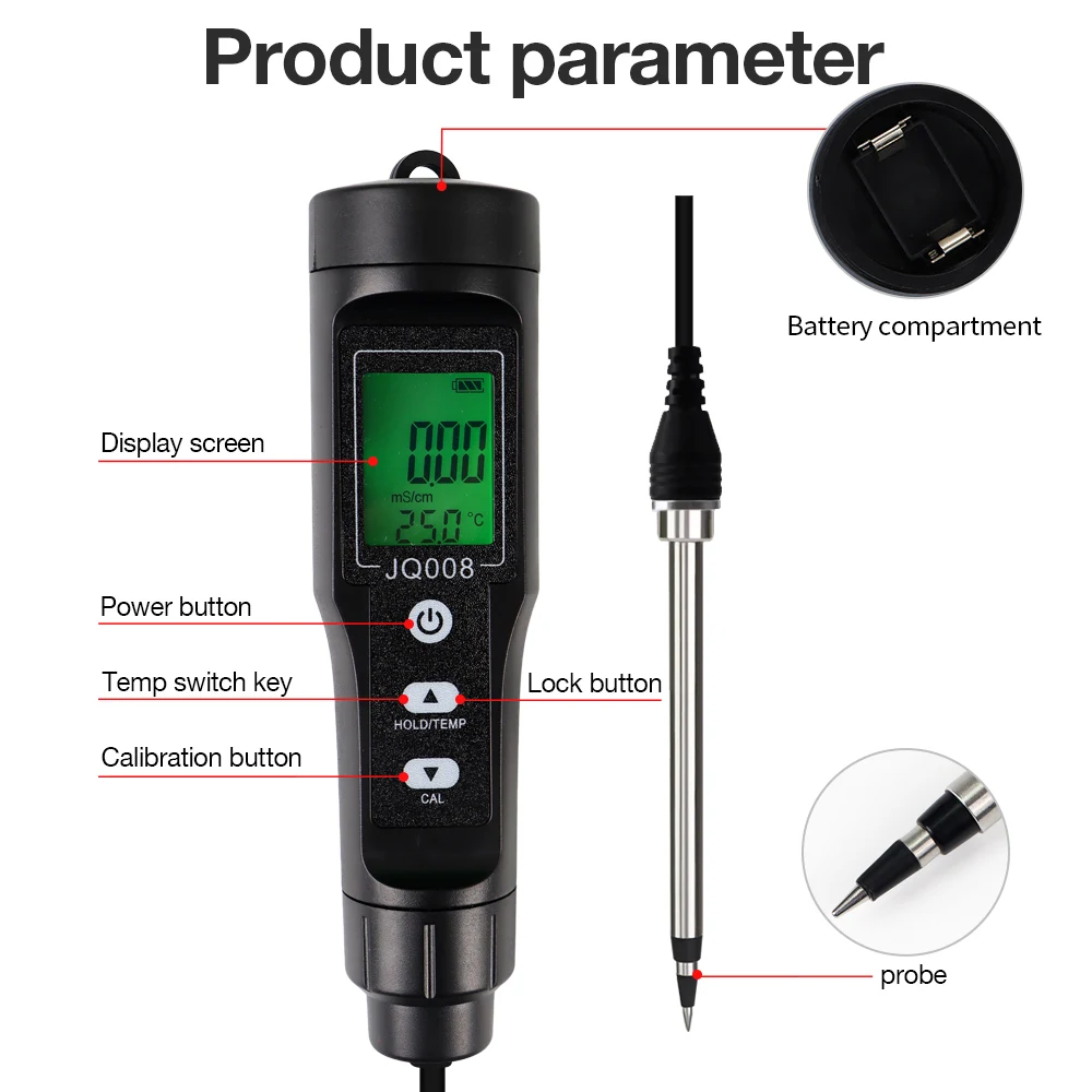  JQ008  Digital EC/Temperature Soil Tester Meter LCD Automatic Temperature Compensation Soil Analyzer for Farm Garden Planting
