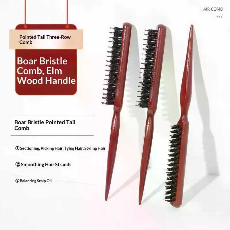 Wooden Handle Hair Comb Hairs Fluffy Three Rows Boar Bristle Combs Hairdressing Back Teasing Brushes Hairdressing Styling Tools