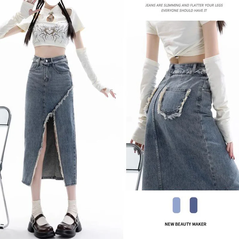 Sommer Damen Raw-Edge Hochtaillierter Rock Mädchen Slim Fit Dünner A-Linien Jeansrock Frauen Mode Freizeit Dünnes Denim-Kleid