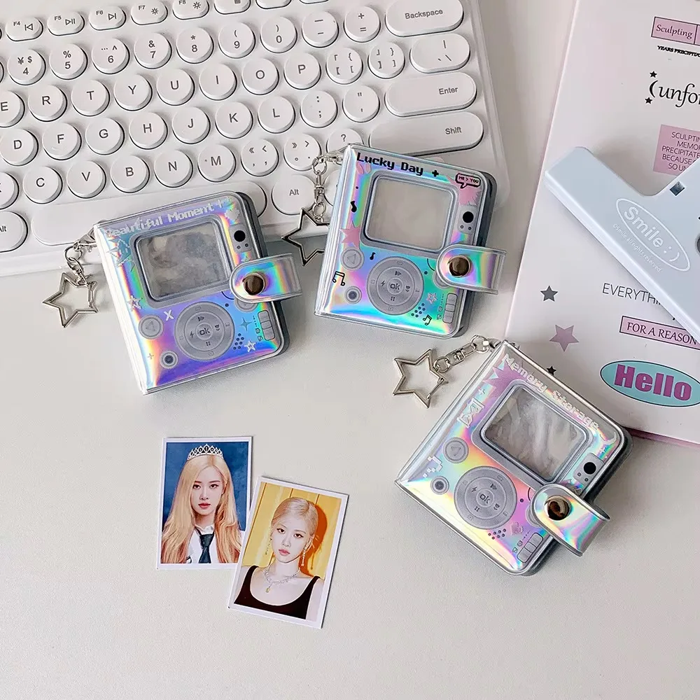 32 Pockets 16 Pages Laser Color Photo Album for 1.4x2.1 Inch Mini Photo Name Card K-pop Star Photocard Album with Keychain