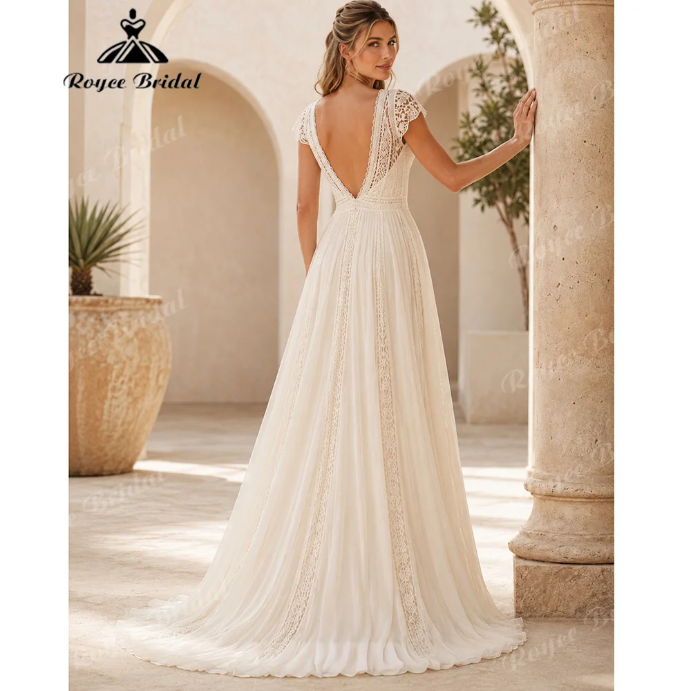 2027 Deep V Neck Cap Sleeve Boho Wedding Dress A Line Chiffon Vintage Crochet Lace Deep V Back Vestido De Novia Customized