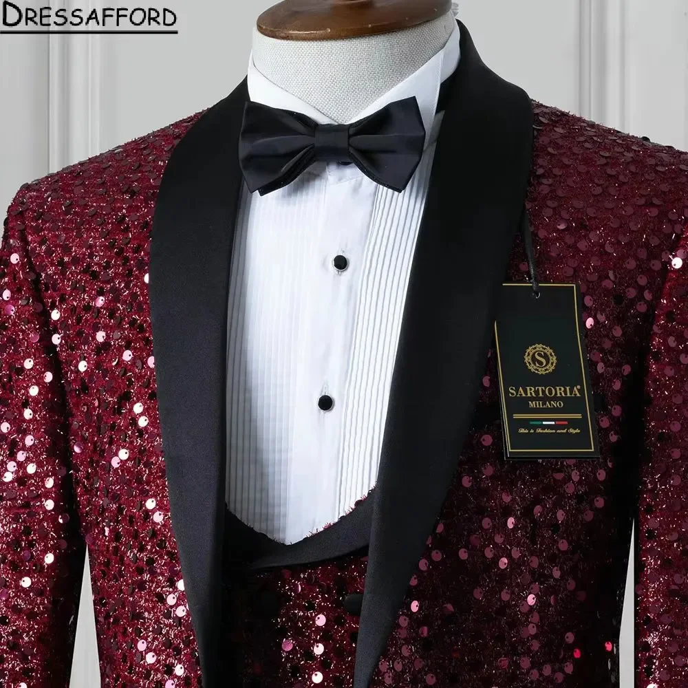 Costumes formels à paillettes rouges pour hommes, ensemble veste et pantalon, blazer d'affaires intelligent et décontracté, vêtements de marié, 3 pièces