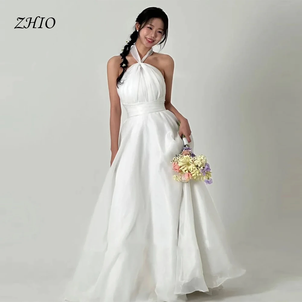 ZHIO personnalisé Simple cou robes de mariée coréennes sans manches Corset Organza une ligne robes de mariée femmes robes de mariée Dende