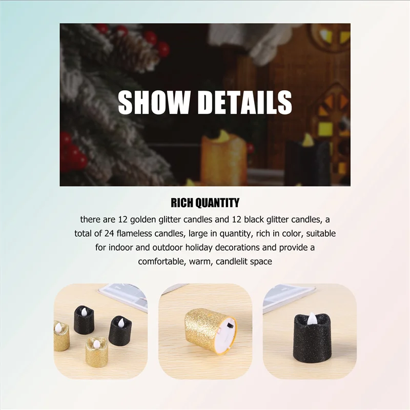 

AA63 HOT 24 Packs Gold Flameless Votive Candles Black Glitter LED Tealights Battery Operated Tea Lights Warm Yellow Light Holder