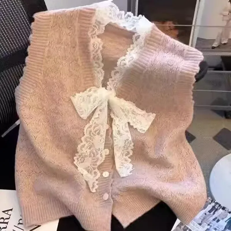 Woman Lace Bow Knitted Vest 2025 Spring Autumn V-neck Sleeveless Cardigan Female Korean Fashion Loose All-match Short Waistcoat
