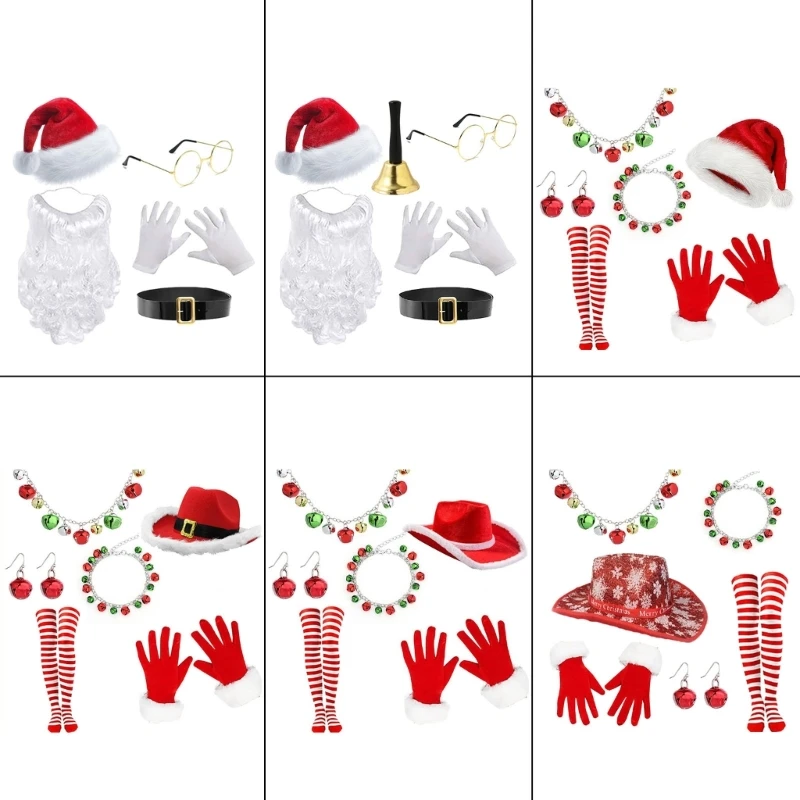 652F Santa Suit Santa Hat with Eyeglasses and Gloves Set for Christmas Photo Props for Dress Up Party Accessories