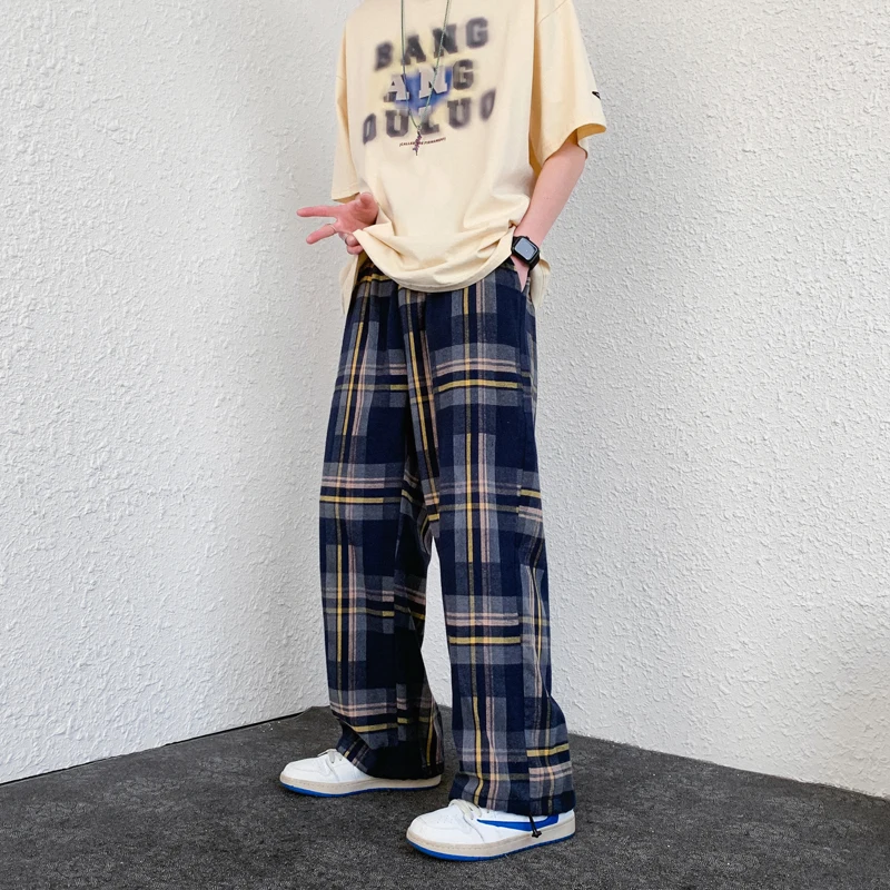 

Summer plaid nine-point pants men's wide-legged large size loose casual leggings American high street straight leg mopping pants