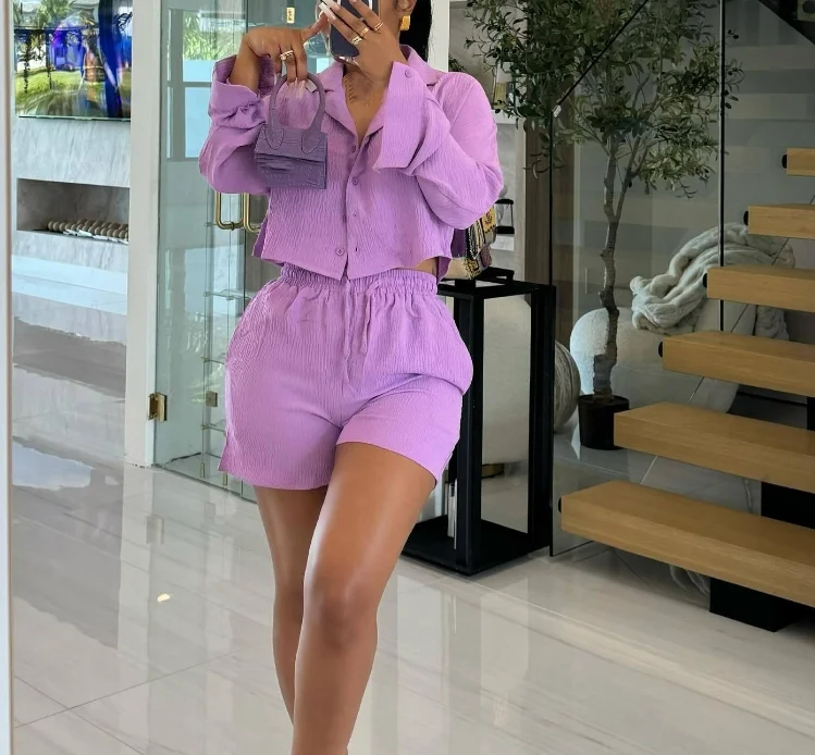100pcs in stock women's suit collar long sleeved shirt high waisted drawstring shorts casual set (Ships within 48 hours)
