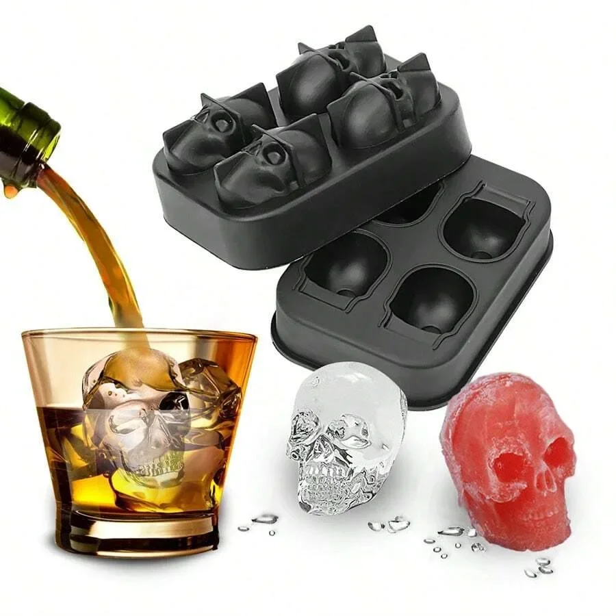 3D Skull Silicone Ice Mold with Funnel Food Grade Large Ice Cube Tray for Whiskey Cocktail Bar Halloween Party Reusable Supplies