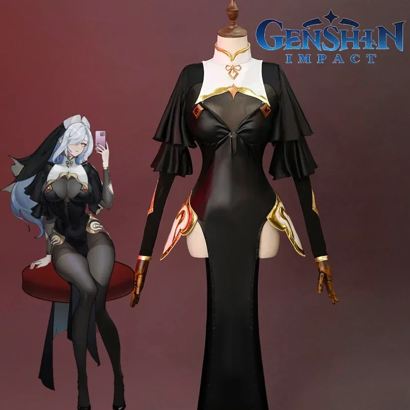 Juego Genshin Impact Shenhe disfraz de Cosplay mujeres adultas Sexy uniforme de monja vestido calcetines conjunto completo accesorios traje trajes de Halloween