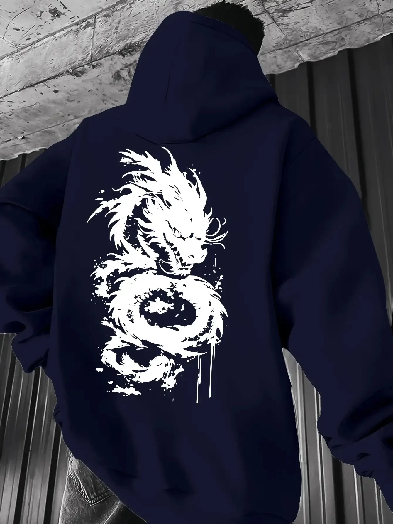 Men Women Ink Splash Oriental Dragon Graphic Hoodie Back Print Street Tattoo Style Loose Hooded Pullover Sweatshirt