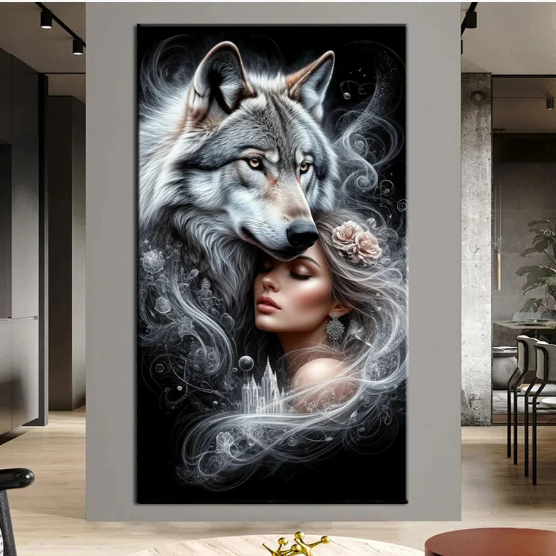 

Большой размер DIY алмазная живопись волк и женщина полный квадратный круглый алмаз художественная мозаика вышивка крестиком